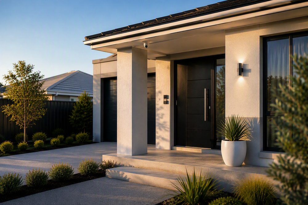 Modern home entrance with CCTV camera, video doorbell and outdoor lighting installed by Owls Nest Solutions