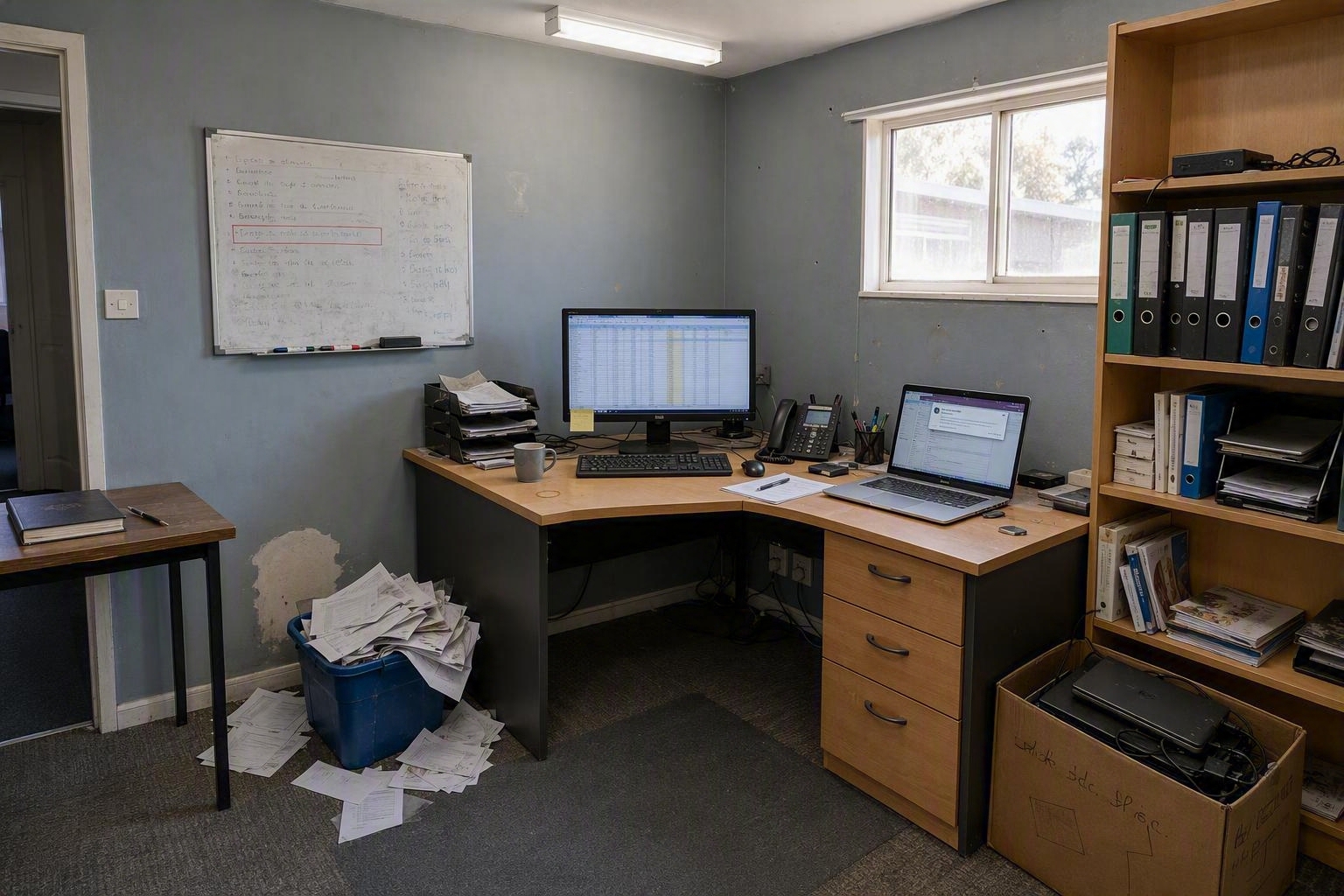 The back office of a small Australian business: a corner desk with a monitor and laptop, a whiteboard on the wall, open shelving with lever-arch folders, an overflowing paper recycling tub, and a cardboard box of old laptops on the floor.