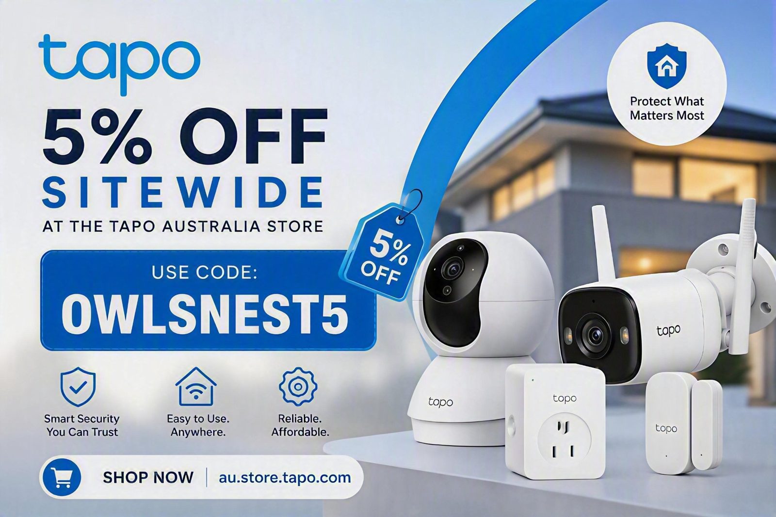 Tapo Australia 5% off sitewide, use code OWLSNEST5, smart security cameras, plugs and sensors